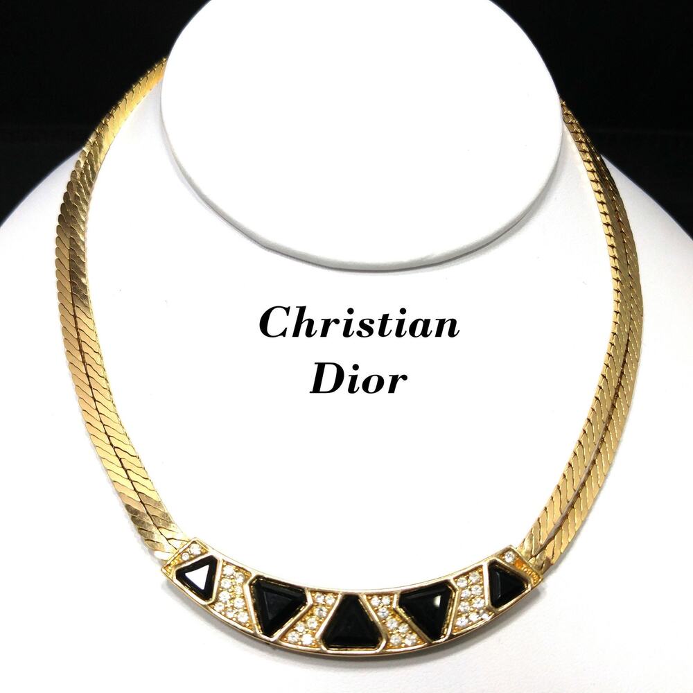 Vintage Christian Dior Black Crystal Geometric Necklace, Clear Rhinestones